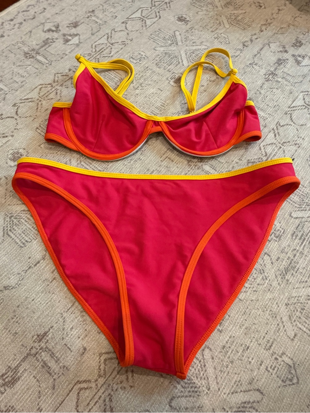 Skatie Pink Bikini with Orange Piping and Yellow Straps